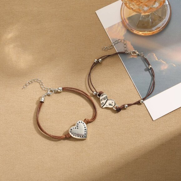 3/$35 Vintage Silver Love Heart Pendant Charm Bracelet Brown Rope Cord Jewelry - Picture 5 of 6